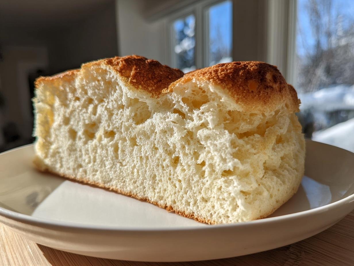 Nahaufnahme eines himmlisch fluffigen Stücks Ofenpfannkuchen auf einem weißen Teller mit sonnigem Hintergrund.