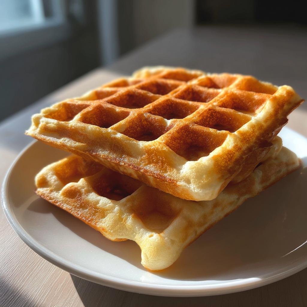 Zwei goldbraune, gestapelte Waffeln auf einem weißen Teller, zubereitet mit Omas Waffelteig.