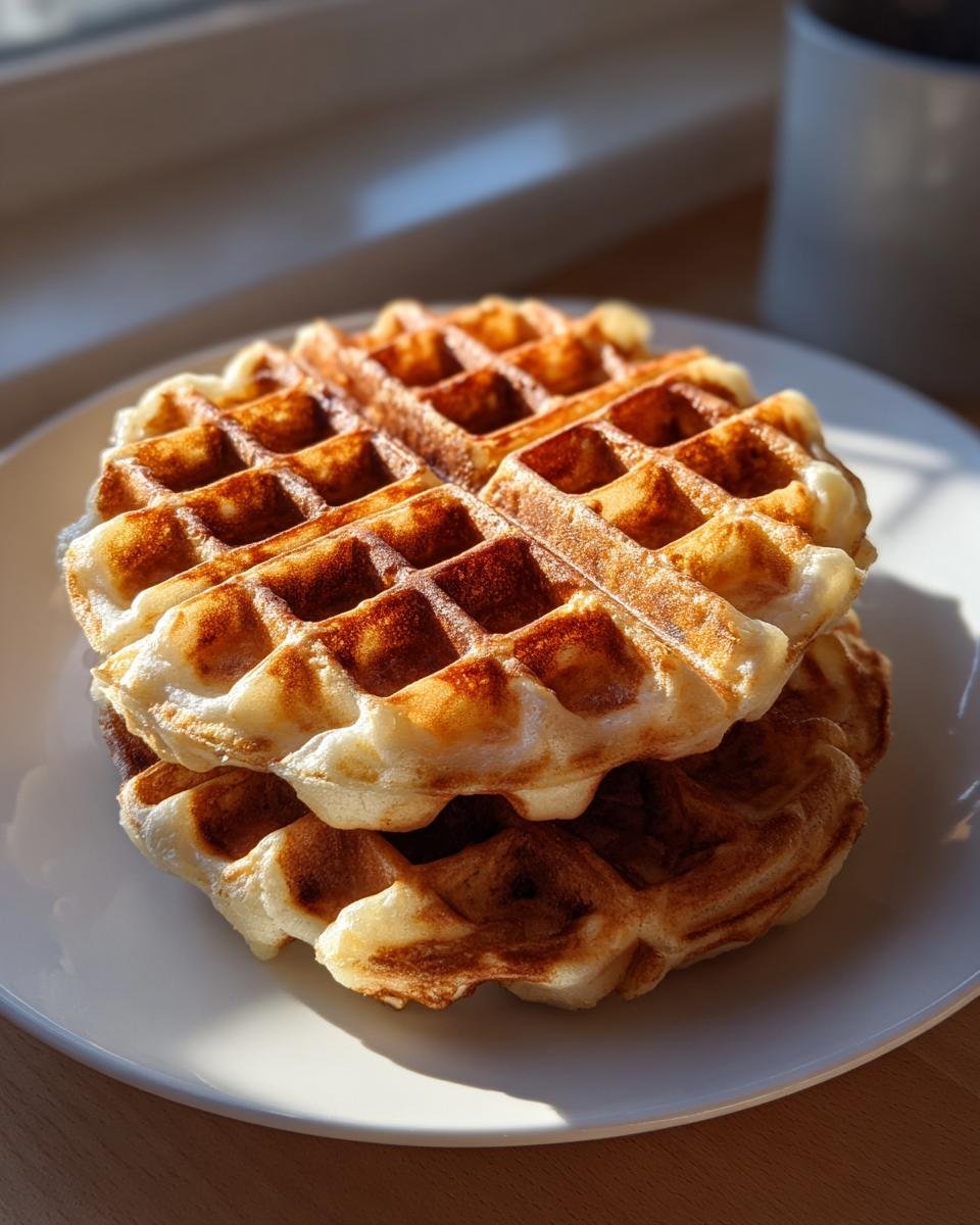 Stapel von zwei goldbraunen, frisch gebackenen Waffeln, die auf einem weißen Teller liegen und von Sonnenlicht beleuchtet werden. Omas Waffelteig.