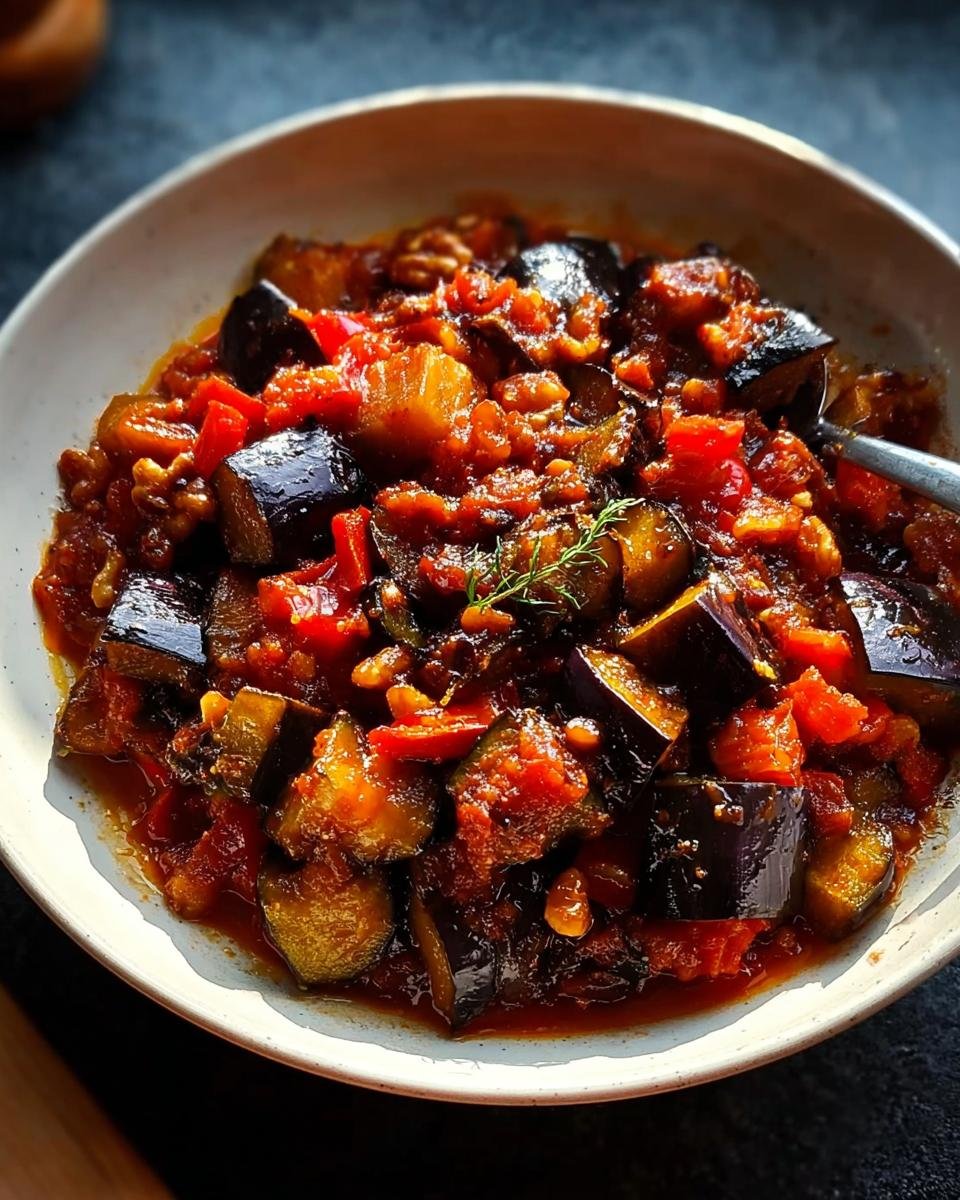 Nahaufnahme einer Orientalische Auberginenpfanne Mit Gewürzen mit Auberginenstücken und roter Sauce in einer hellen Schale.