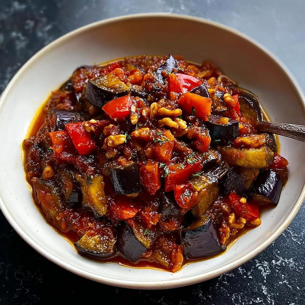 Nahaufnahme einer Orientalische Auberginenpfanne Mit Gewürzen mit Auberginenstücken, roten Paprika und Walnüssen in einer tiefen Schale.