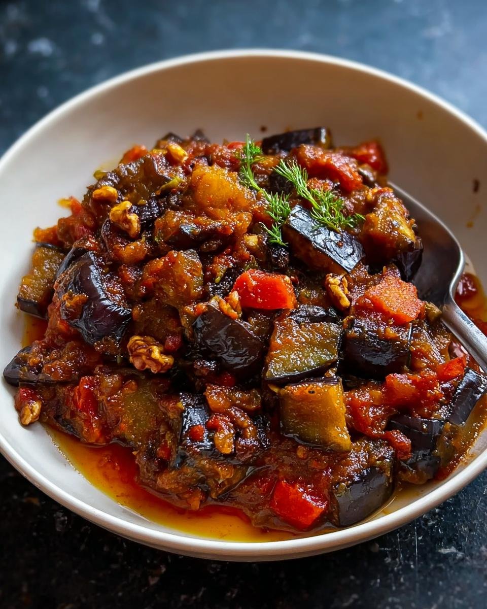Nahaufnahme einer Orientalische Auberginenpfanne Mit Gewürzen, bestehend aus Auberginenstücken in einer würzigen Tomatensauce.