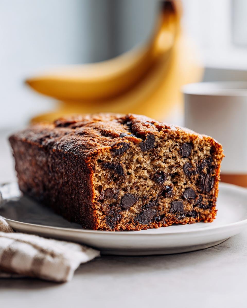 Angeschnittenes Paleo Bananenbrot mit vielen Schokoladenstücken auf einem Teller.