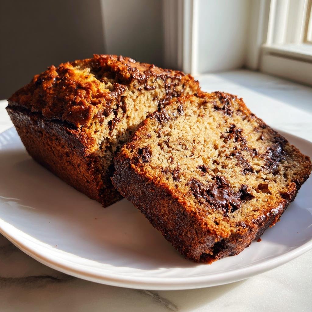 Zwei Scheiben saftiges Paleo Bananenbrot mit Schokoladenstückchen auf einem weißen Teller.