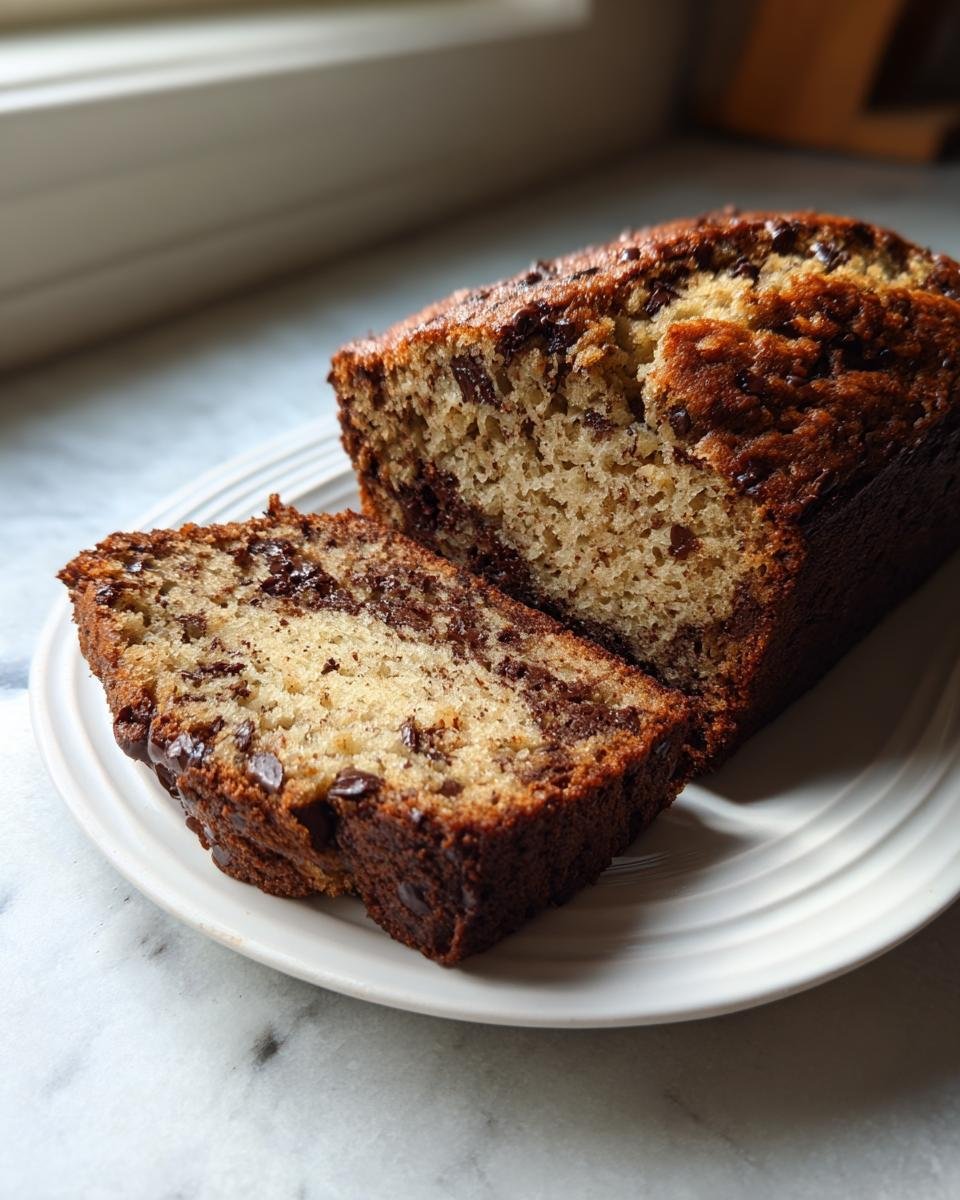 Aufgeschnittenes Paleo Bananenbrot mit vielen Schokoladenstückchen auf einem weißen Teller.