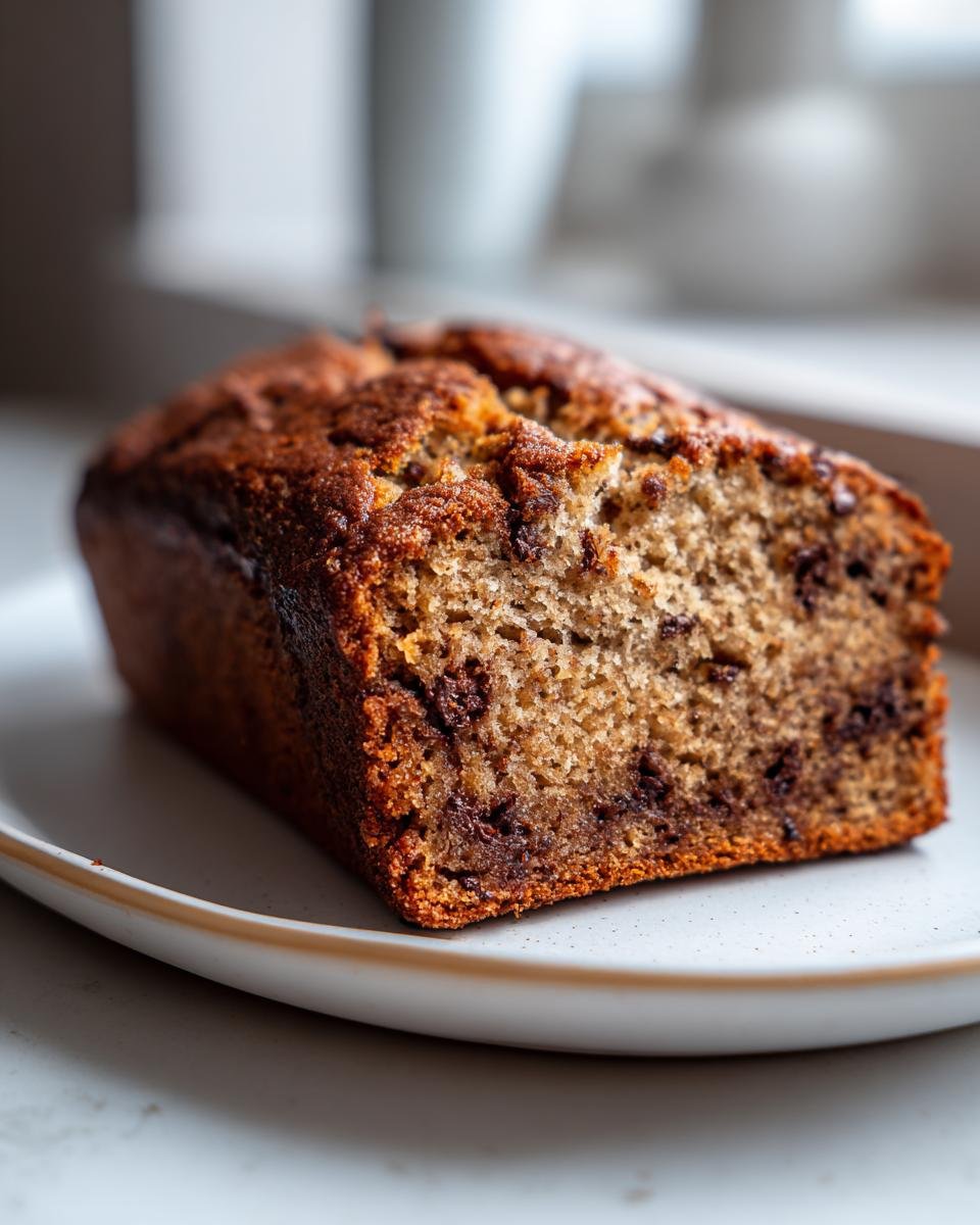 Nahaufnahme eines saftigen Stücks Paleo Bananenbrot mit Schokoladenstücken auf einem hellen Teller.