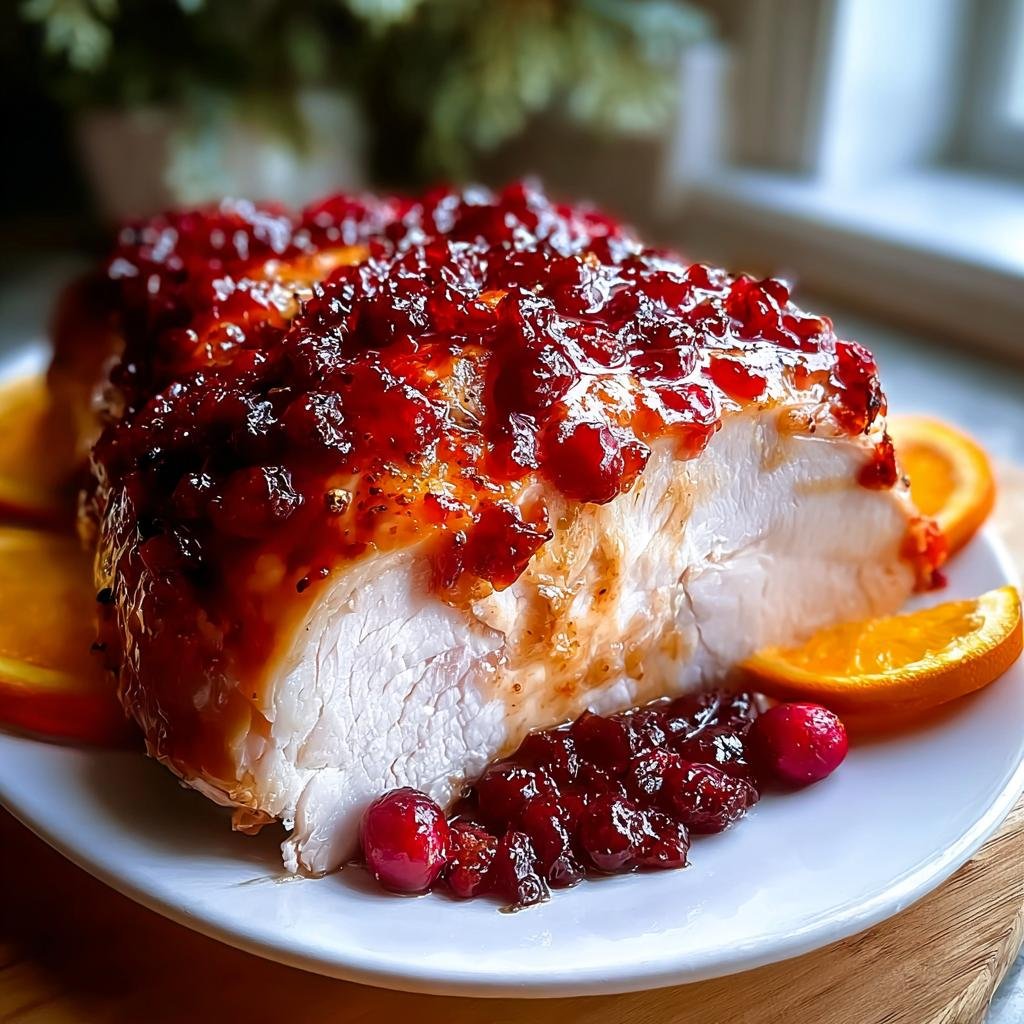 Ein aufgeschnittenes Stück Perfekt glasierte Preiselbeer-Orangen-Putenbrust mit leuchtend roter Glasur.