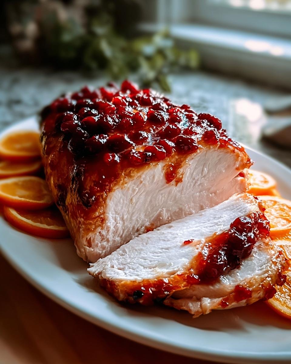 Aufgeschnittene, perfekt glasierte Preiselbeer-Orangen-Putenbrust mit Preiselbeermarmelade und Orangenscheiben.