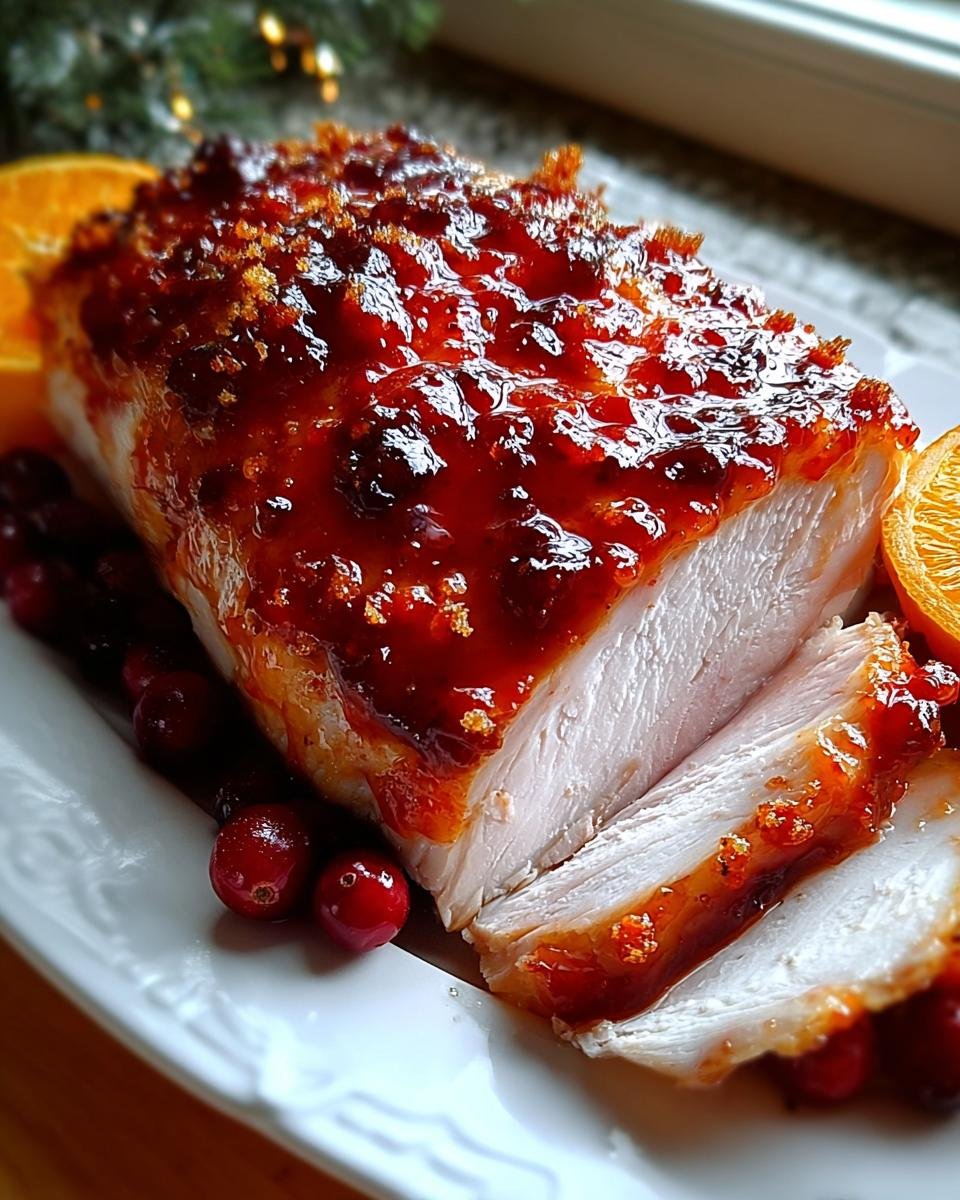 Aufgeschnittene, perfekt glasierte Preiselbeer-Orangen-Putenbrust mit glänzender Glasur und frischen Cranberries.