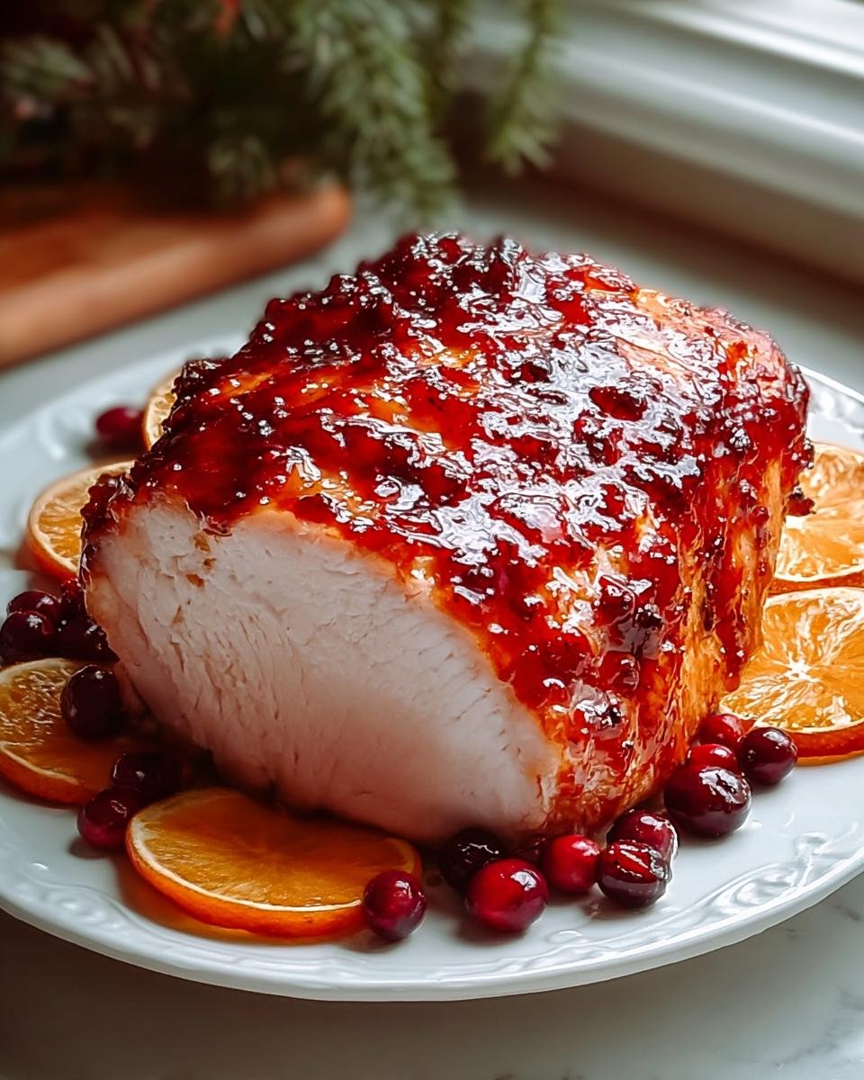 Aufgeschnittene, perfekt glasierte Preiselbeer-Orangen-Putenbrust garniert mit frischen Cranberries und Orangenscheiben.