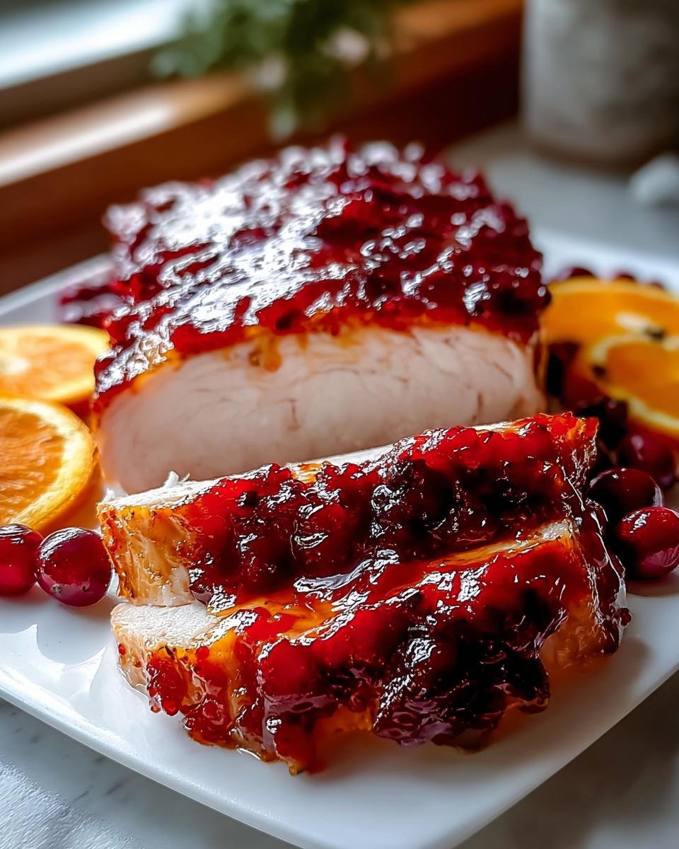Aufgeschnittene Perfekt glasierte Preiselbeer-Orangen-Putenbrust mit leuchtend roter Glasur auf einem weißen Teller.