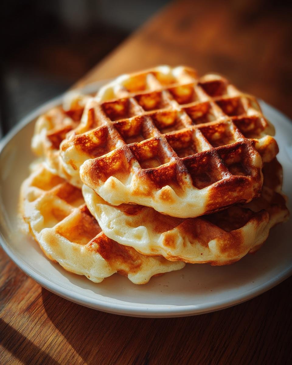 Ein Stapel frisch gebackener, goldbrauner Waffeln, zubereitet mit dem besten Waffelteig Rezept.