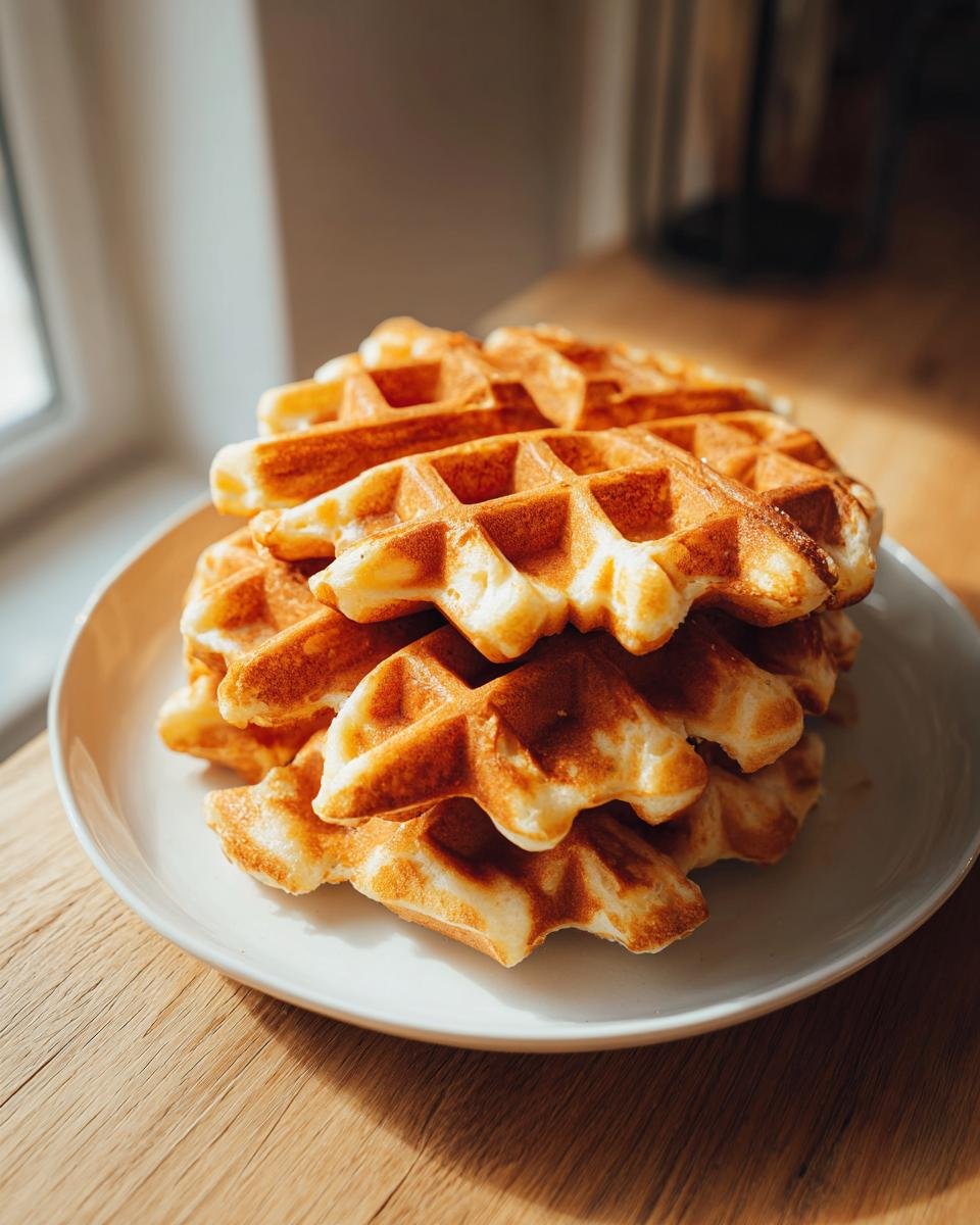 Stapel goldbrauner Waffeln, zubereitet mit dem besten Waffelteig Rezept, auf einem weißen Teller.