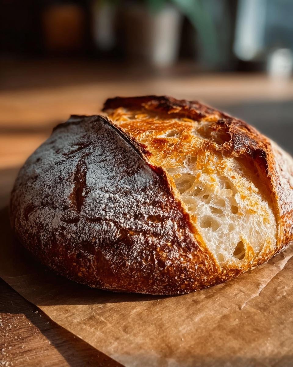 Ein frisch gebackenes Brot mit knusprige Kruste und weiche Krume, bestäubt mit Mehl.