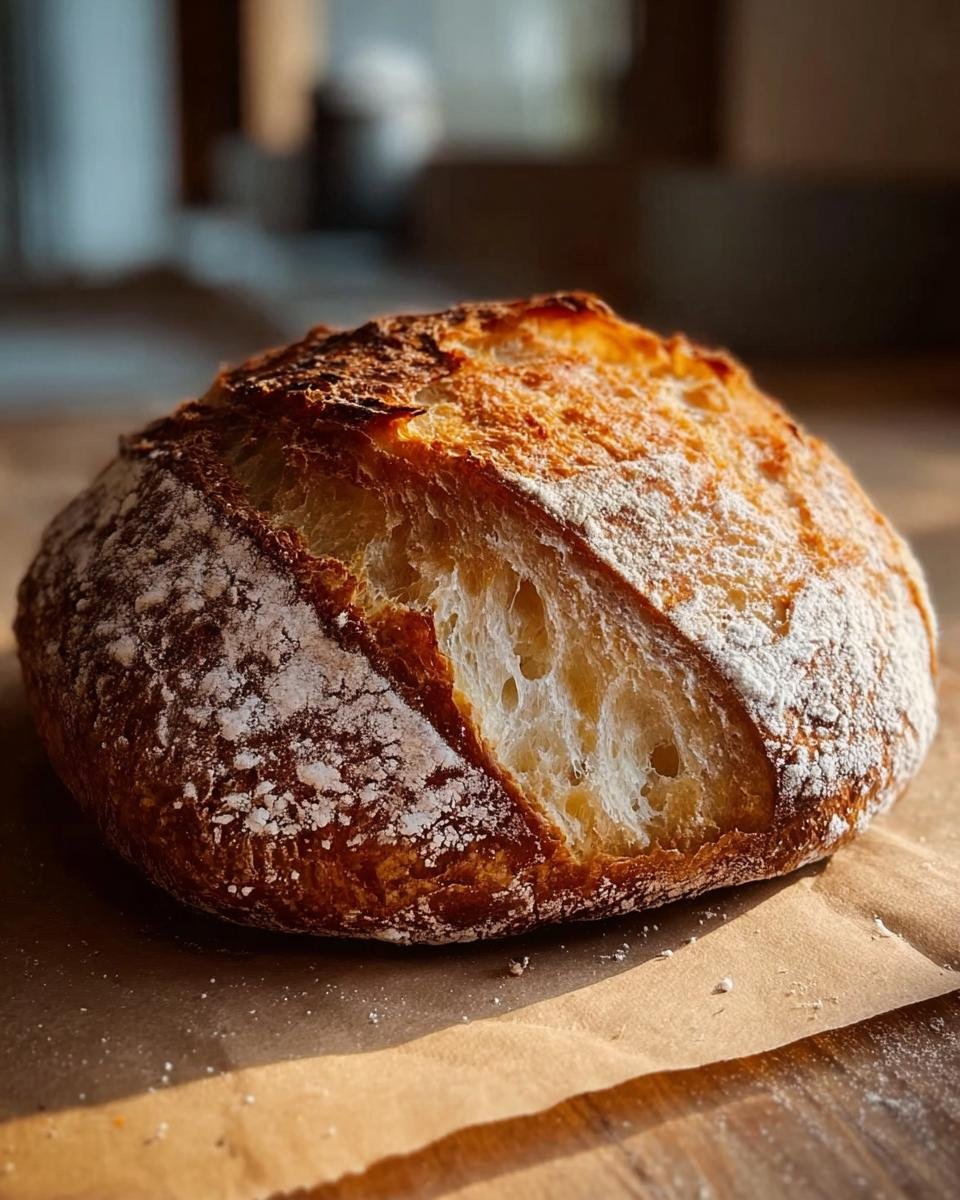 Ein frisch gebackenes Brot mit einer tiefbraunen, knusprigen Kruste und einer aufgeschnittenen Seite, die die weiche Krume des Brotes zeigt. Perfektes Brot-Rezept.