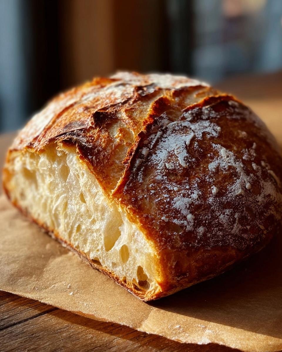 Aufgeschnittenes Brot mit goldbrauner, knuspriger Kruste und offener Krume, das das perfekte Brot-Rezept illustriert.