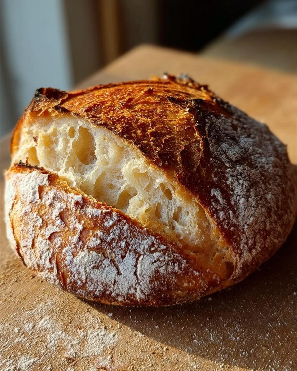 Aufgeschnittenes Brot mit goldbrauner, knuspriger Kruste und offener Krume, das perfekte Brot-Rezept.