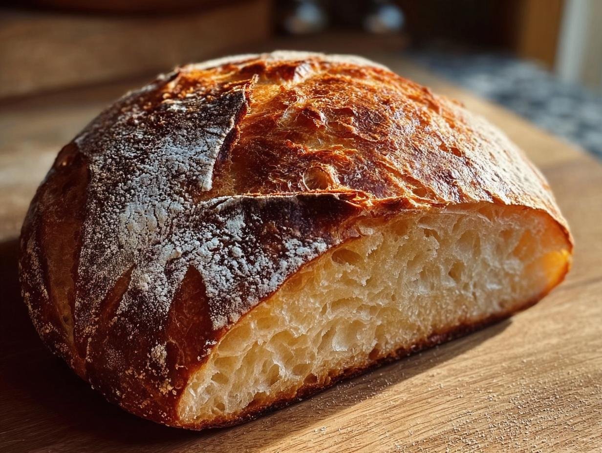 Aufgeschnittenes Brot mit goldbrauner, knuspriger Kruste und weicher, luftiger Krume, das beste Brot-Rezept.