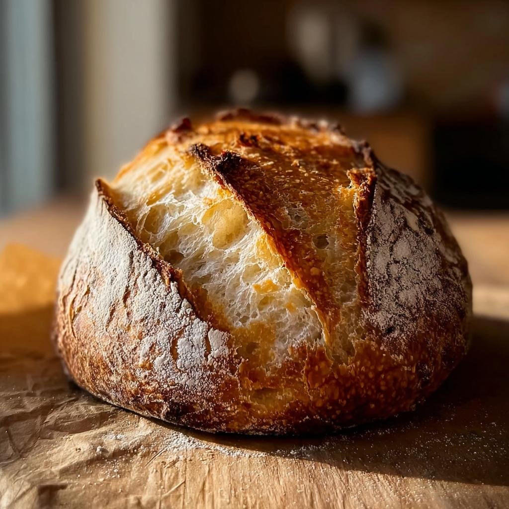 Ein frisch gebackenes Brot mit goldbrauner, knuspriger Kruste und sichtbarer offener Krume, das perfekte Brot-Rezept.