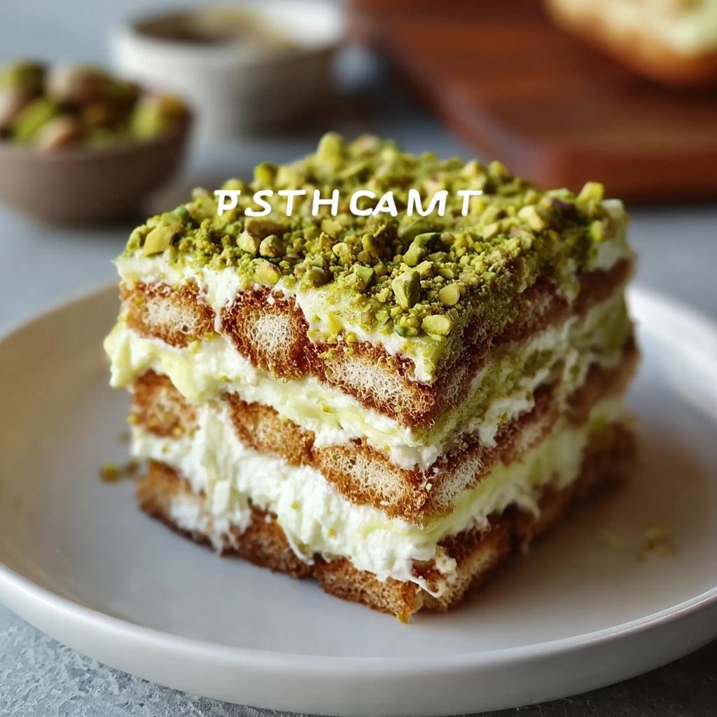 Ein saftiges Stück Pistachio Tiramisu mit Schichten aus Löffelbiskuits und Creme, bestreut mit gehackten Pistazien.