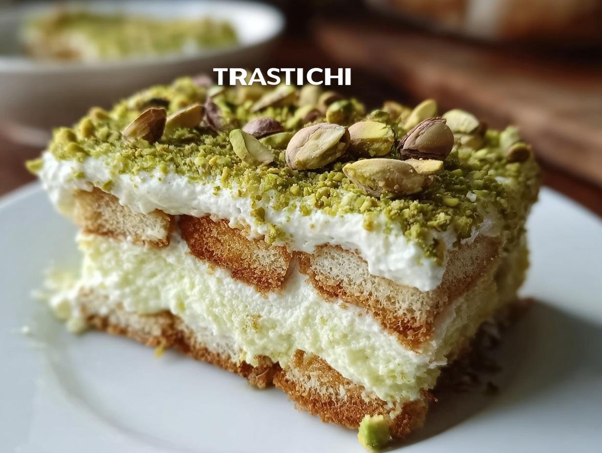 Nahaufnahme eines Stücks Pistachio Tiramisu mit Schichten aus Löffelbiskuits, cremiger Füllung und Topping aus gehackten Pistazien.