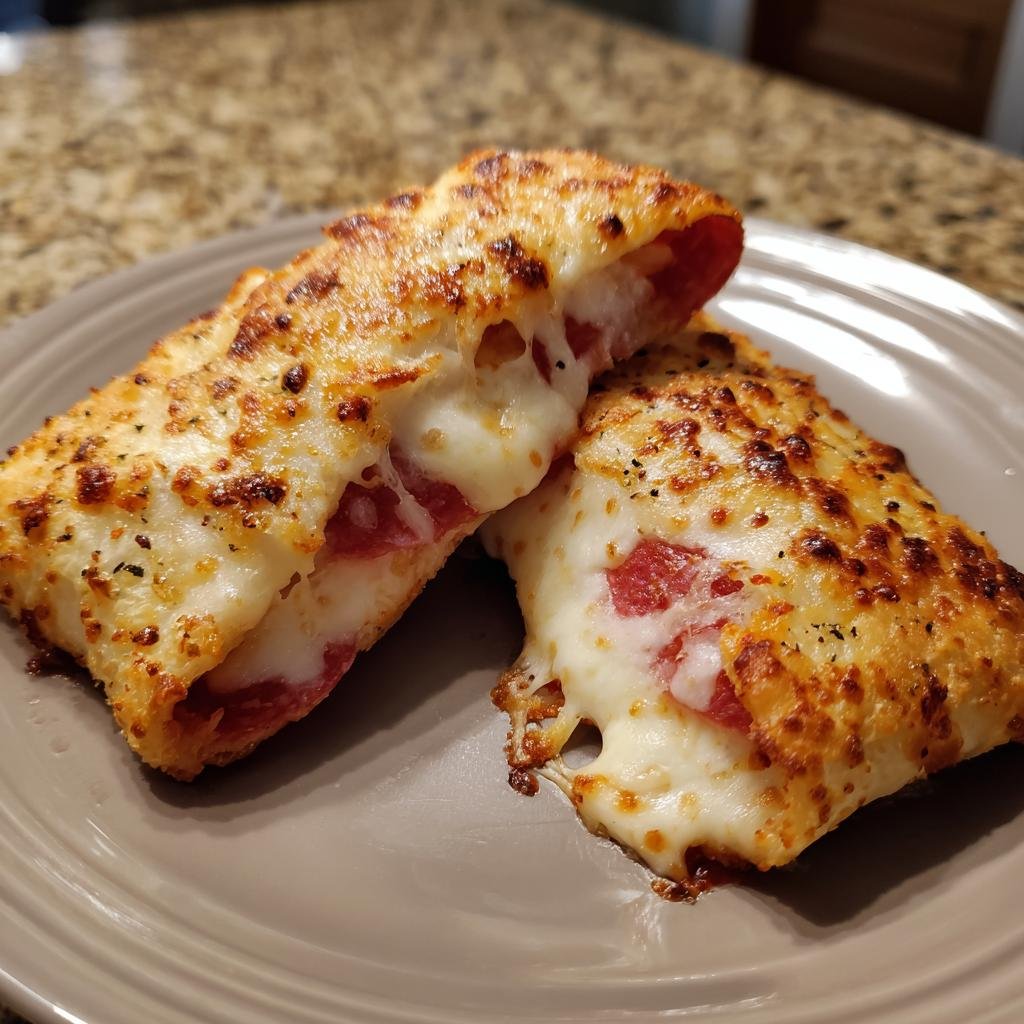 Zwei aufgeschnittene Pizzabrötchen im Airfryer mit geschmolzenem Käse und Peperoni auf einem Teller.