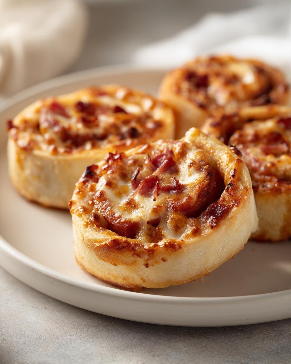 Nahaufnahme von vier knusprigen Pizzabrötchen im Airfryer mit geschmolzenem Käse und Speck auf einem hellen Teller.