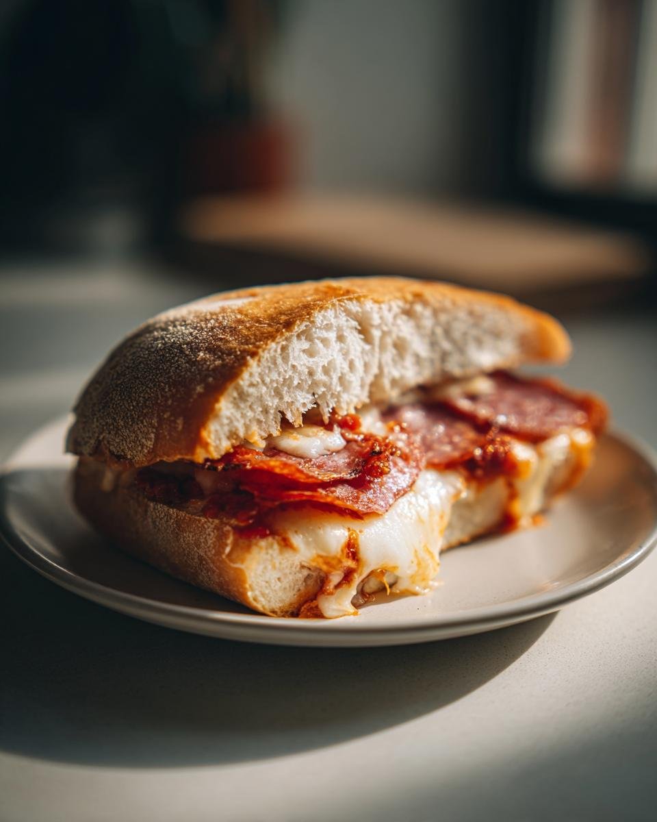 Ein aufgeschnittenes Pizzabrötchen im Airfryer mit geschmolzenem Käse und Salami auf einem Teller.