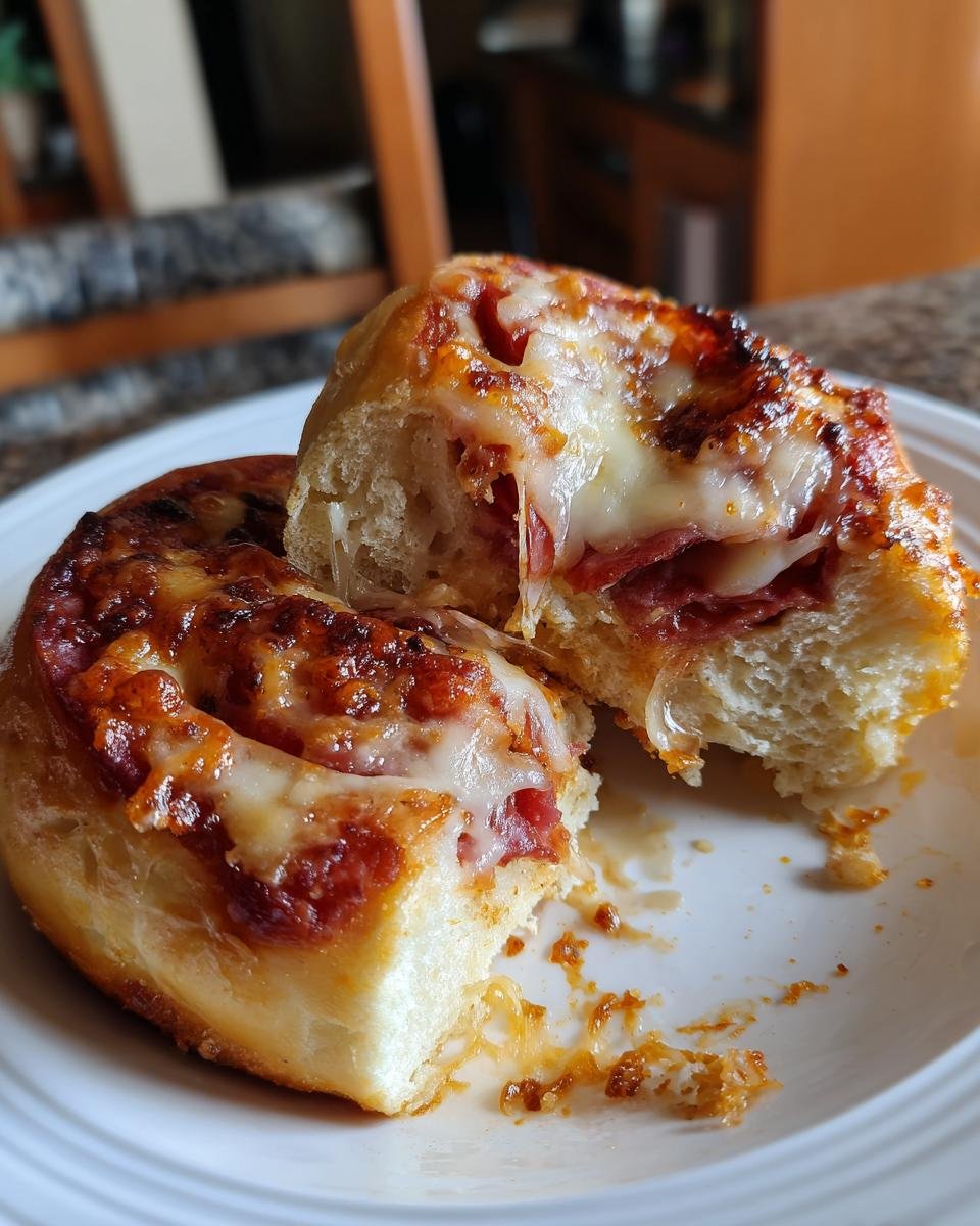 Zwei Hälften von knusprigen Pizzabrötchen im Airfryer, gefüllt mit Salami und geschmolzenem Käse.