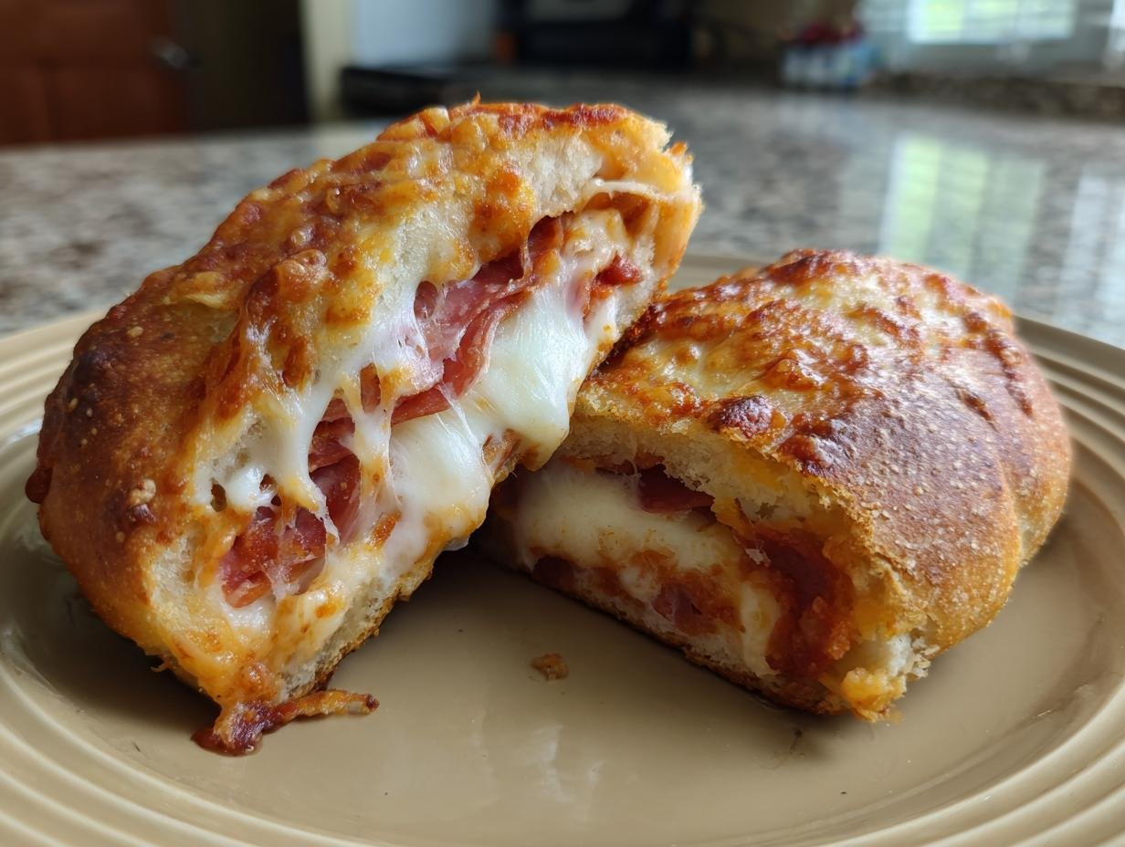 Zwei Hälften von knusprigen Pizzabrötchen im Airfryer, gefüllt mit viel geschmolzenem Käse und Peperoni.