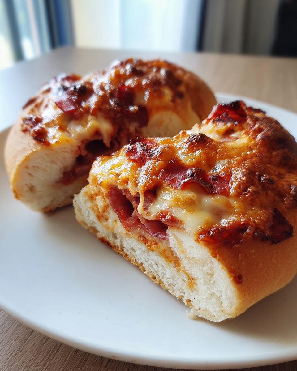 Nahaufnahme von zwei Hälften eines Pizzabrötchen im Airfryer mit geschmolzenem Käse und Salami auf einem weißen Teller.