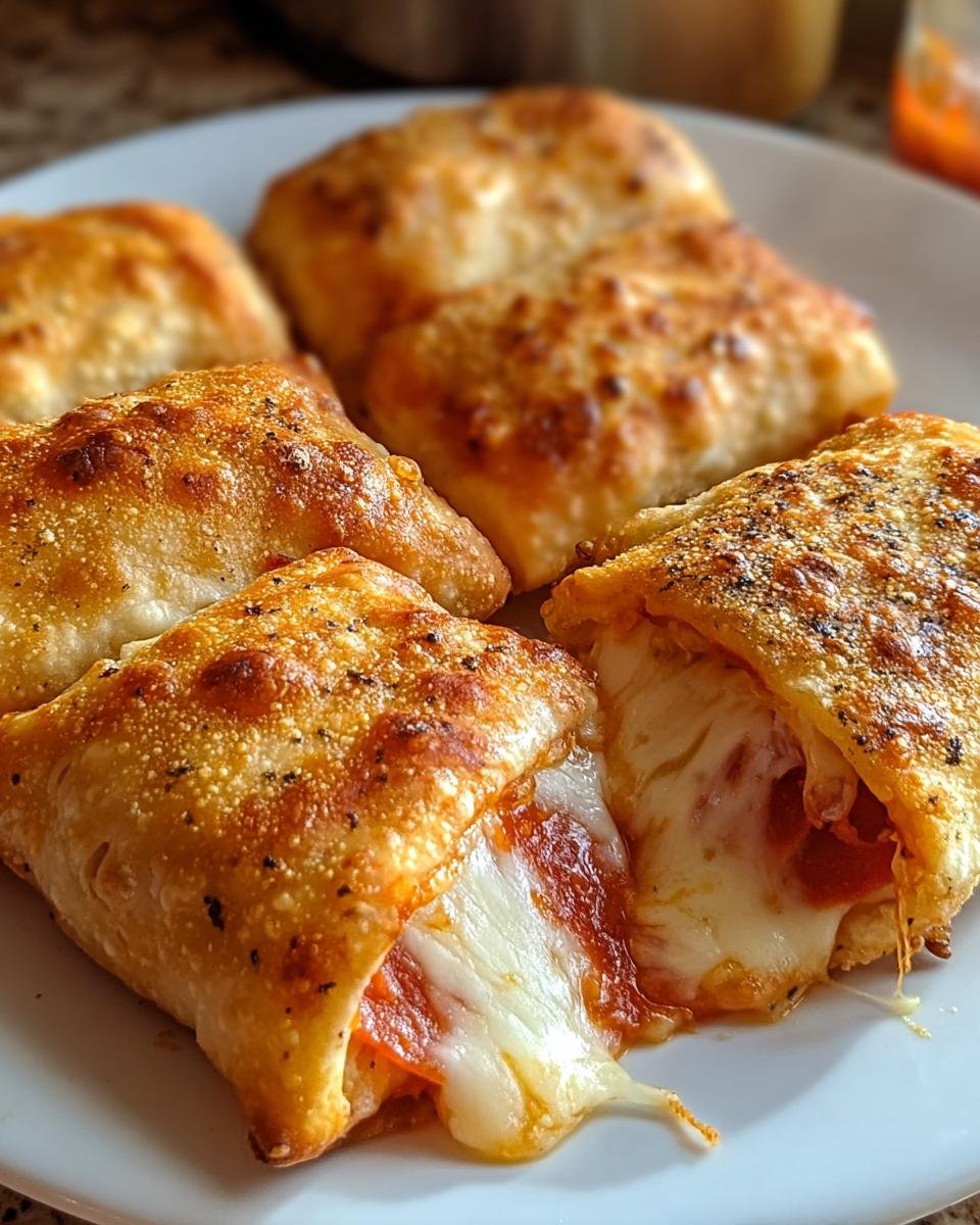 Nahaufnahme von knusprigen Pizzarollen aus der Heißluftfritteuse, eine ist aufgerissen und zeigt geschmolzenen Käse und Peperoni.