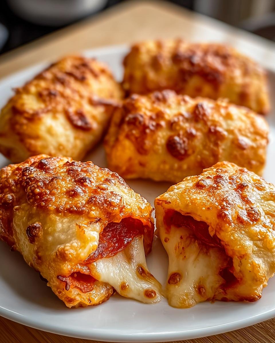 Nahaufnahme von knusprigen Pizzarollen aus der Heißluftfritteuse, bei denen geschmolzener Käse und Peperoni herauslaufen.