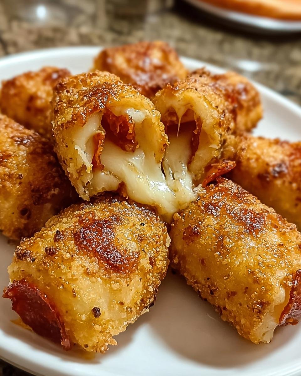 Nahaufnahme von knusprigen Pizzarollen aus der Heißluftfritteuse mit geschmolzenem Käse und Salami.