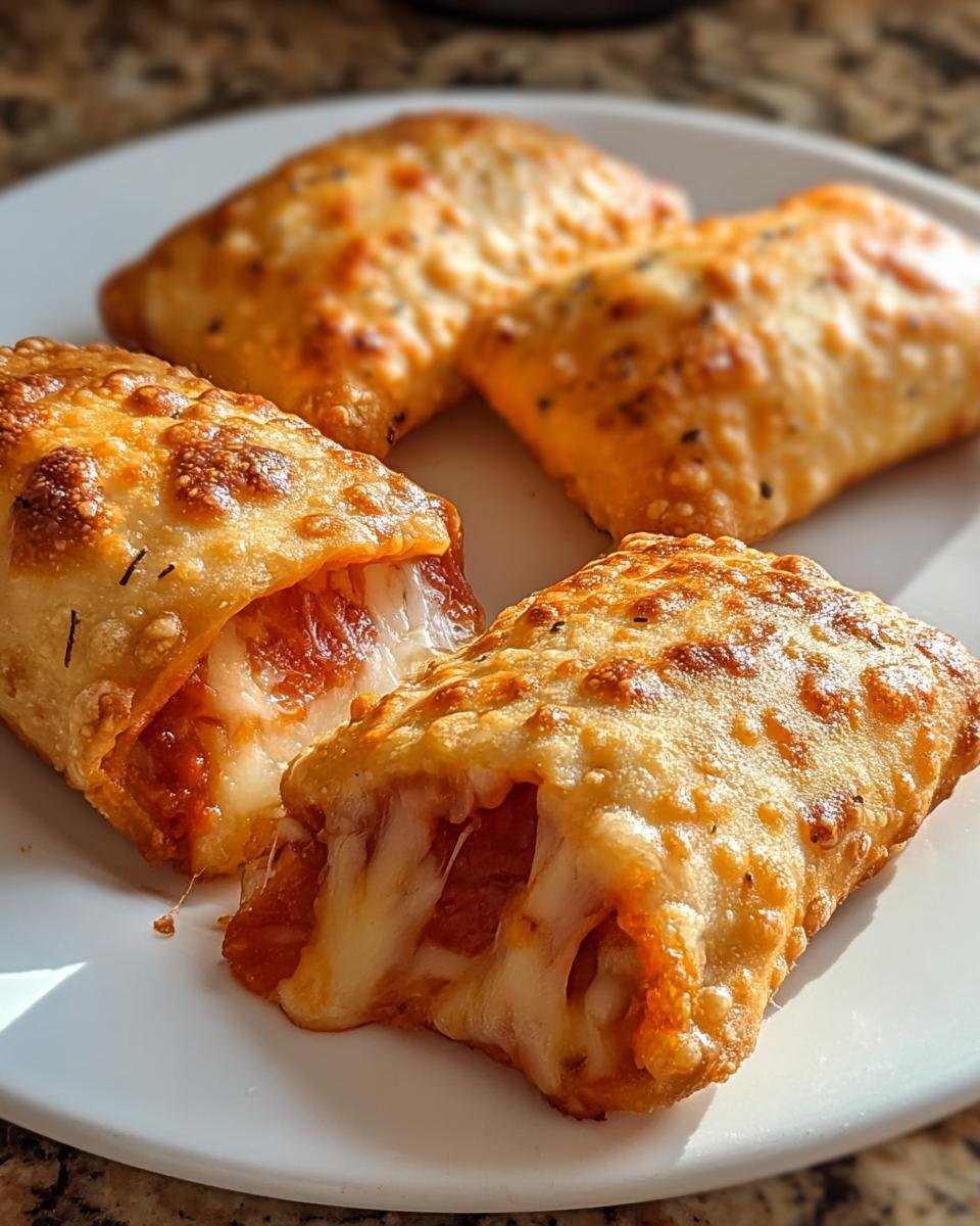 Vier knusprige Pizzarollen aus der Heißluftfritteuse auf einem weißen Teller, eine davon aufgeschnitten mit geschmolzenem Käse und Peperoni.