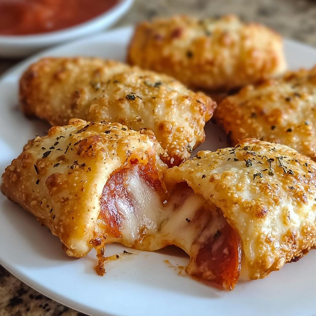 Nahaufnahme von knusprigen Pizzarollen aus der Heißluftfritteuse, bei denen geschmolzener Käse und Peperoni herauslaufen.