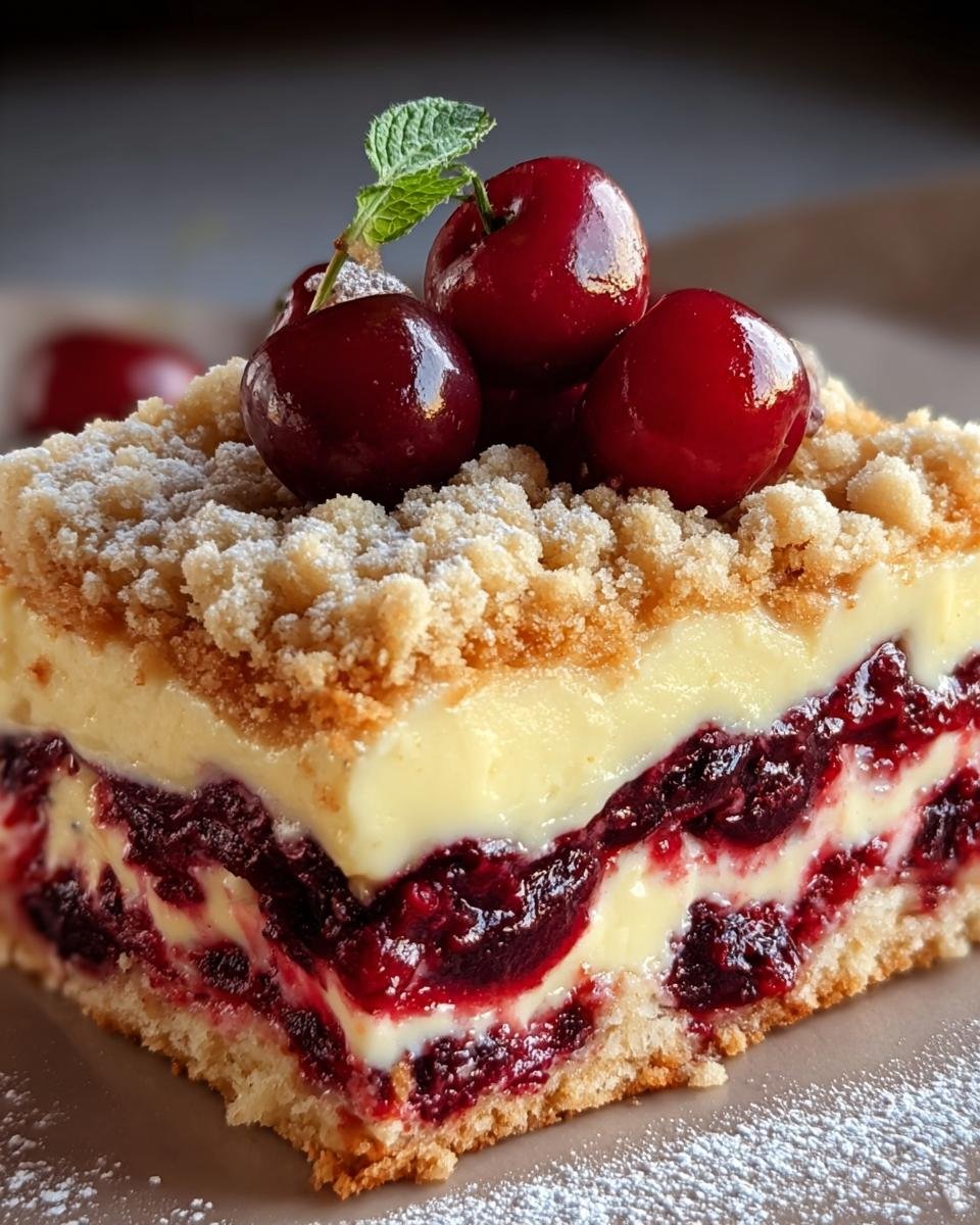 Nahaufnahme eines Stücks Pudding Kirschkuchen mit dicken Kirschschichten, Vanillepudding und knusprigen Streuseln.