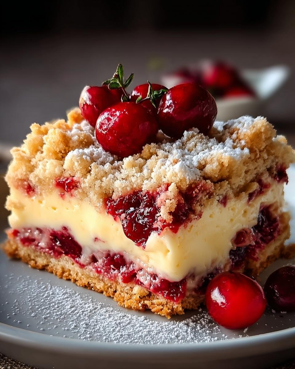 Ein saftiges Stück Pudding Kirschkuchen mit cremiger Füllung, Kirschen und knusprigen Streuseln, bestäubt mit Puderzucker.