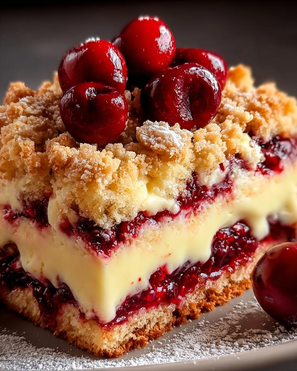 Nahaufnahme eines Stücks Pudding Kirschkuchen mit dicker Vanillepudding-Schicht, Kirschfüllung, Streuseln und frischen Kirschen.