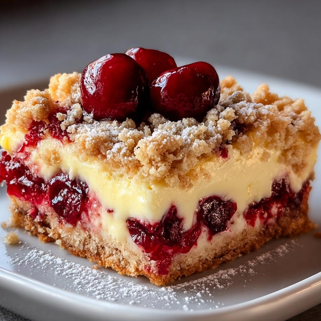 Nahaufnahme eines Stücks Pudding Kirschkuchen mit cremiger Füllung, Kirschen und Streuseln.