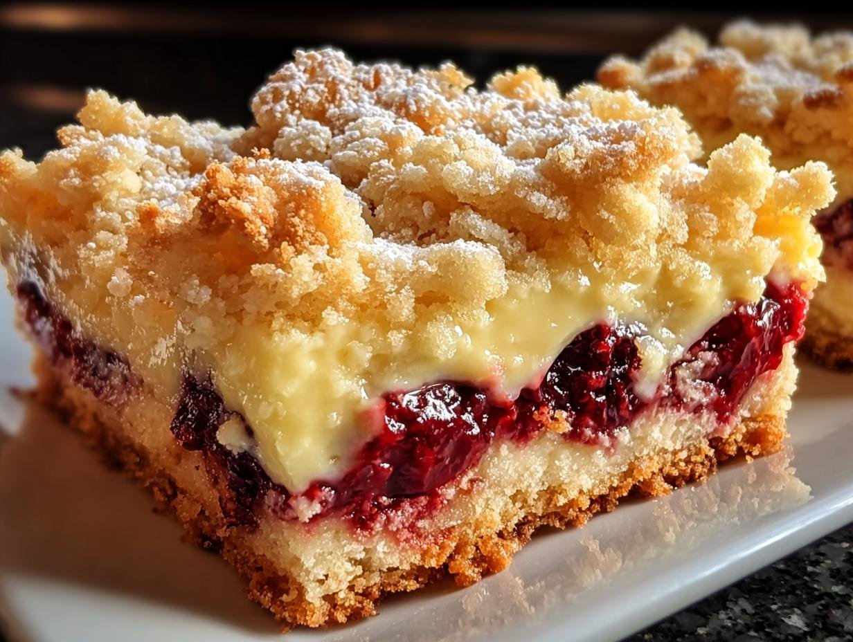 Nahaufnahme eines Stücks Pudding Kirschkuchen mit einer dicken Schicht Pudding, Kirschen und knusprigen Streuseln.