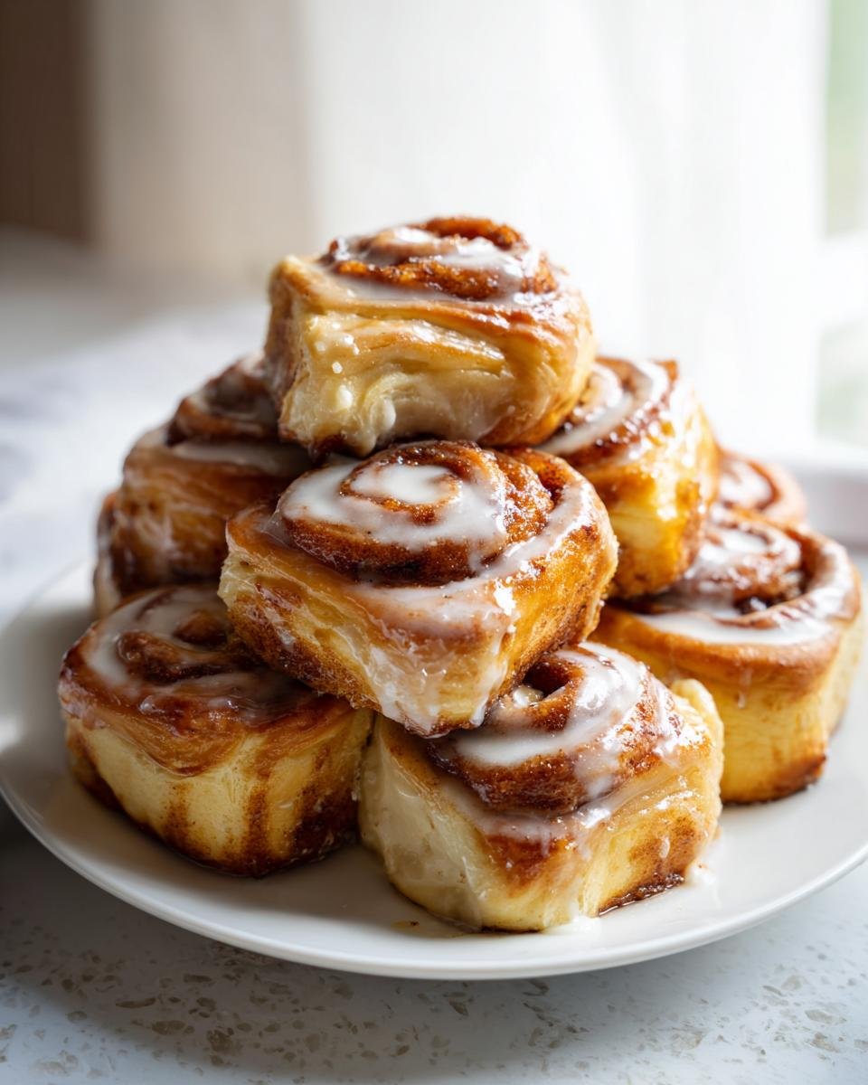 Ein Stapel saftiger Pumpkin Spice Cheesecake Schnecken, übergossen mit weißer Zuckergussglasur, auf einem weißen Teller.