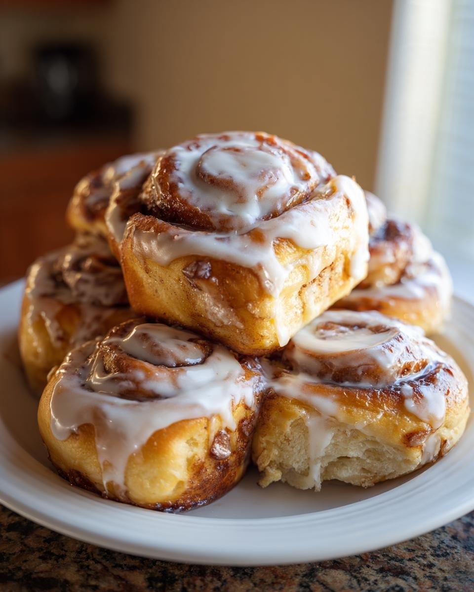 Stapel von saftigen Pumpkin Spice Cheesecake Schnecken, bedeckt mit weißem Zuckerguss, auf einem weißen Teller.