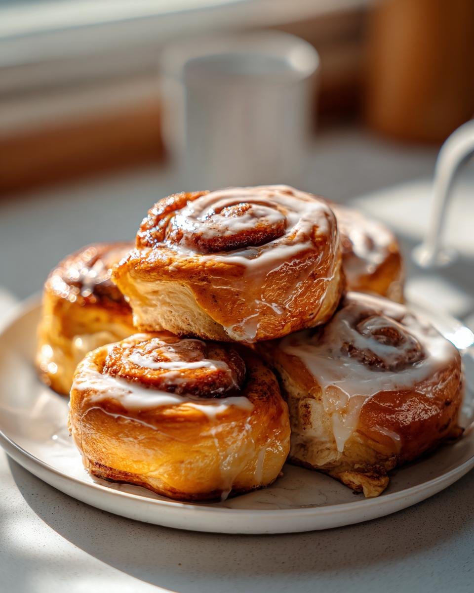 Stapel von saftigen Pumpkin Spice Cheesecake Schnecken mit weißer Glasur auf einem Teller.