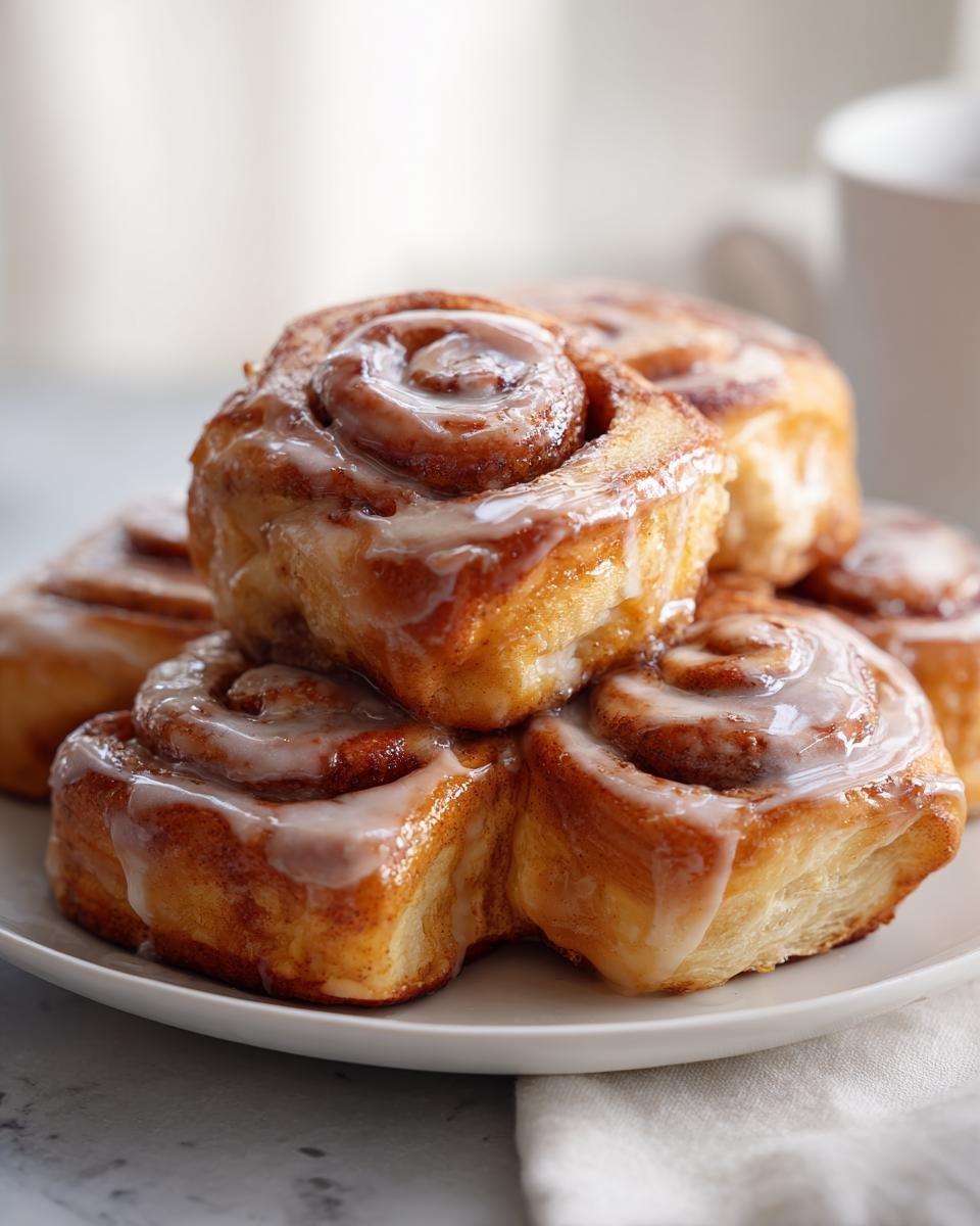 Stapel von glasierten Pumpkin Spice Cheesecake Schnecken auf einem weißen Teller.
