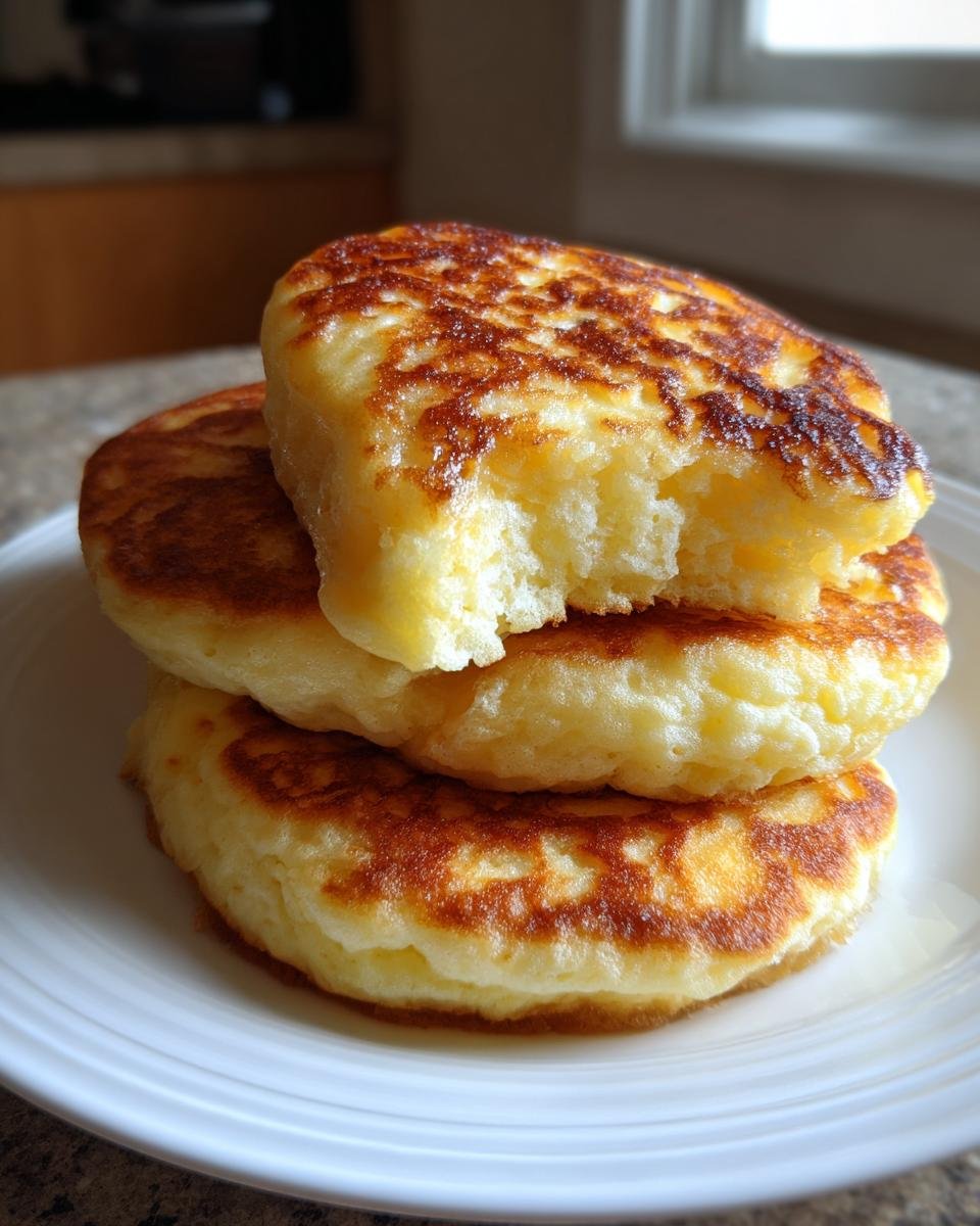 Stapel von fluffigen Quark-Pfannkuchen ohne Mehl mit goldbrauner Kruste, einer oben angeknabbert.