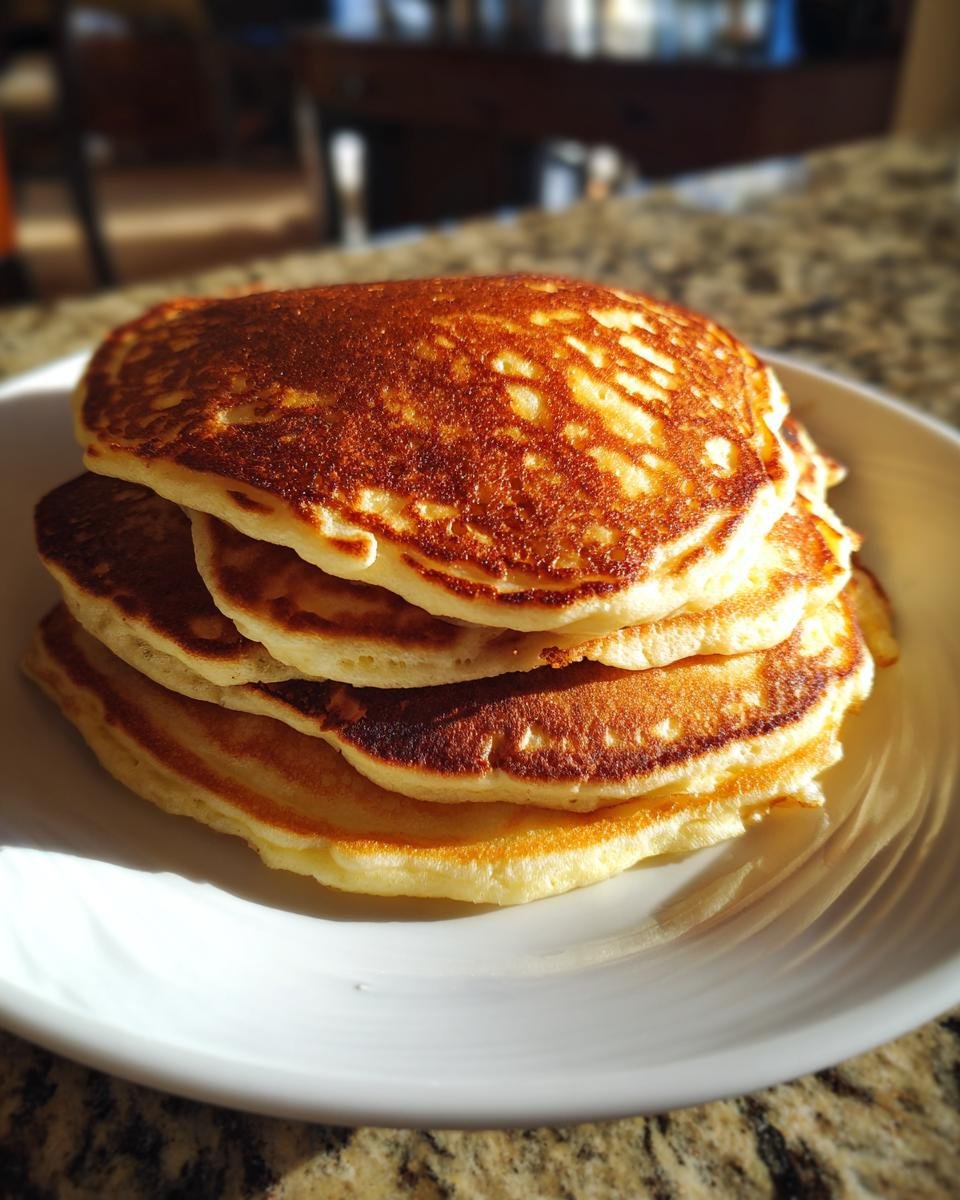 Stapel fluffiger Quark-Pfannkuchen ohne Mehl mit goldbrauner Kruste auf einem weißen Teller.