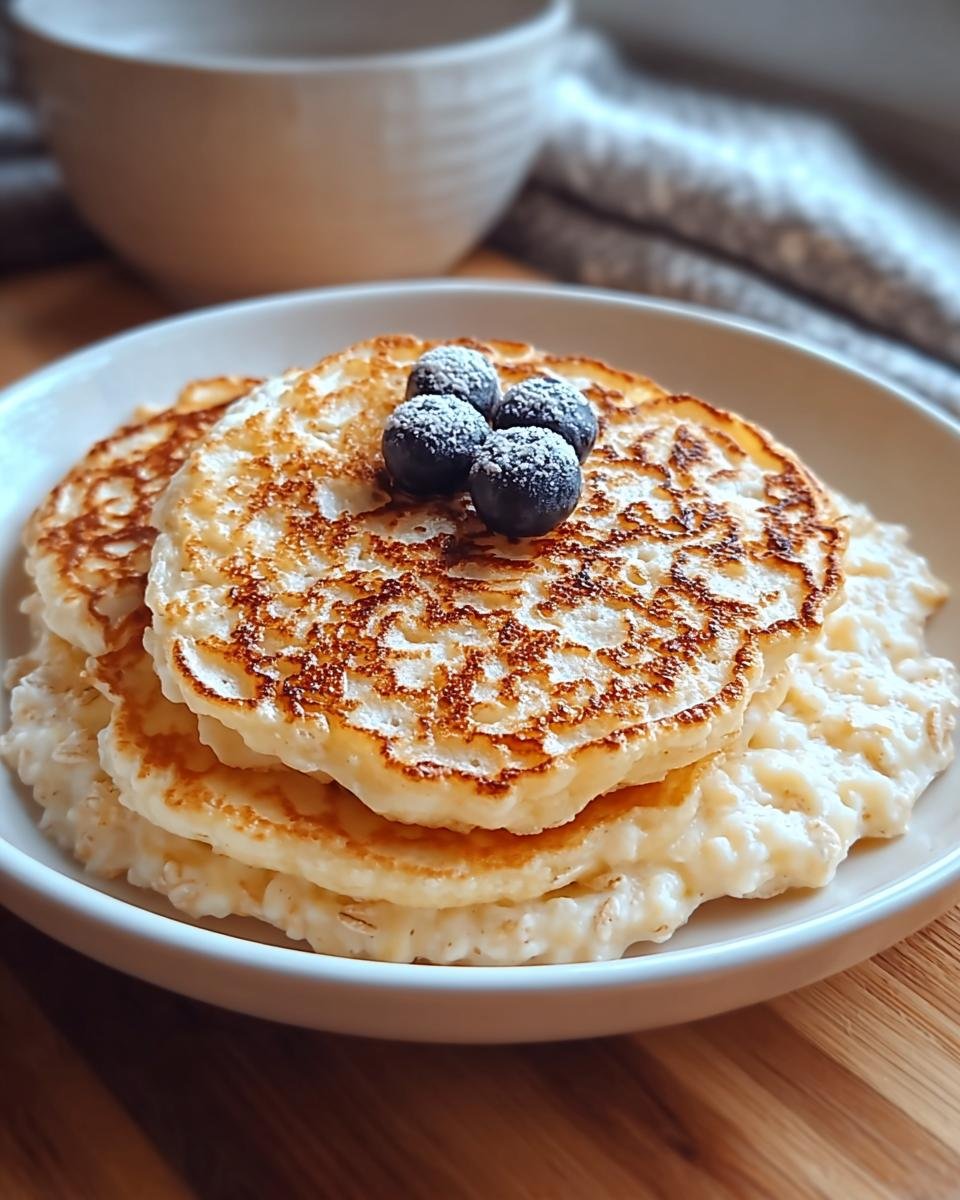 Stapel von drei goldbraun gebratenen Quark-Taler mit Haferflocken, garniert mit vier Blaubeeren und Puderzucker.
