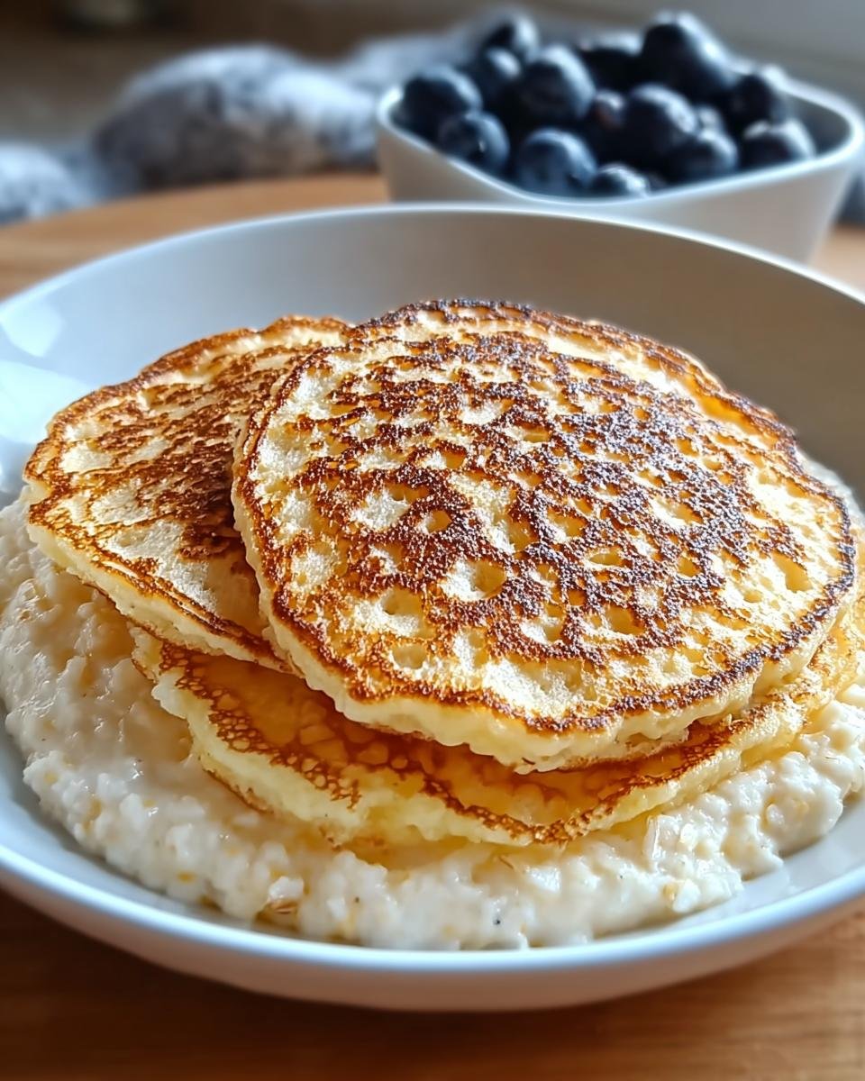 Stapel goldbrauner Quark-Taler mit Haferflocken auf einem Bett aus Quark-Masse, serviert mit Blaubeeren im Hintergrund.