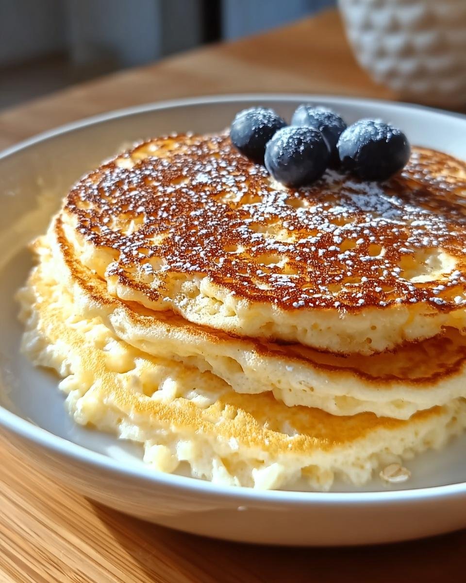 Stapel fluffiger Quark-Taler mit Haferflocken, bestäubt mit Puderzucker und garniert mit frischen Blaubeeren.